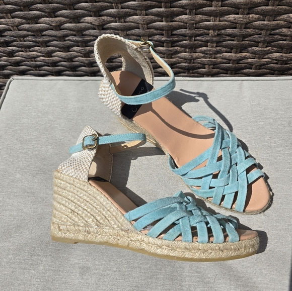 Gaimo Spain 100% Genuine Suede Leather Wedge Sandals, Turquoise Blue Aqua 10 - Picture 2 of 5